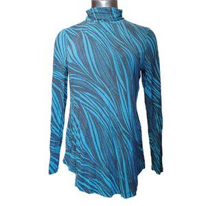 JM COLLECTIONS Womens S Black Blue Leaf Print Long Sleeve Turtleneck Shirt